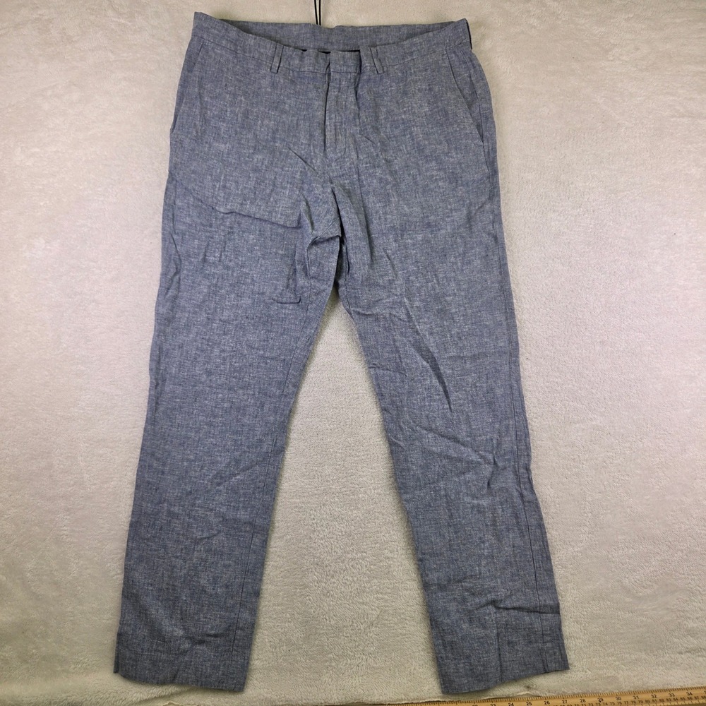 Perry Ellis Portfolio Mens 38x32 Slim Fit Linen Cotton Blue Trousers Pants 4375